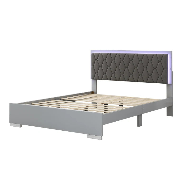 Queen Size Upholstered Bed with LED Lights