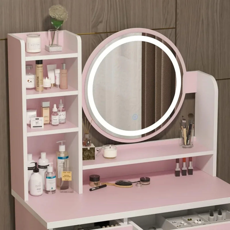 Vanity Desk Set with LED Lighted Round Mirror