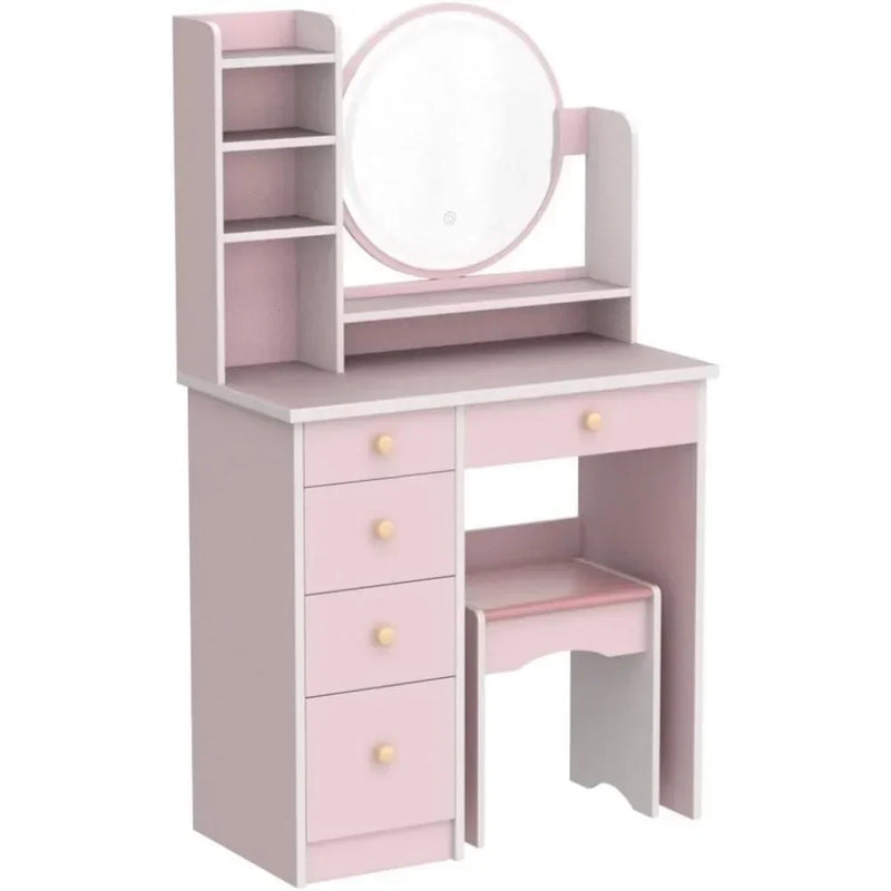 Vanity Desk Set with LED Lighted Round Mirror